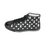 Cute white rabbit polka dots black background Women's High Top Canvas Shoes Black