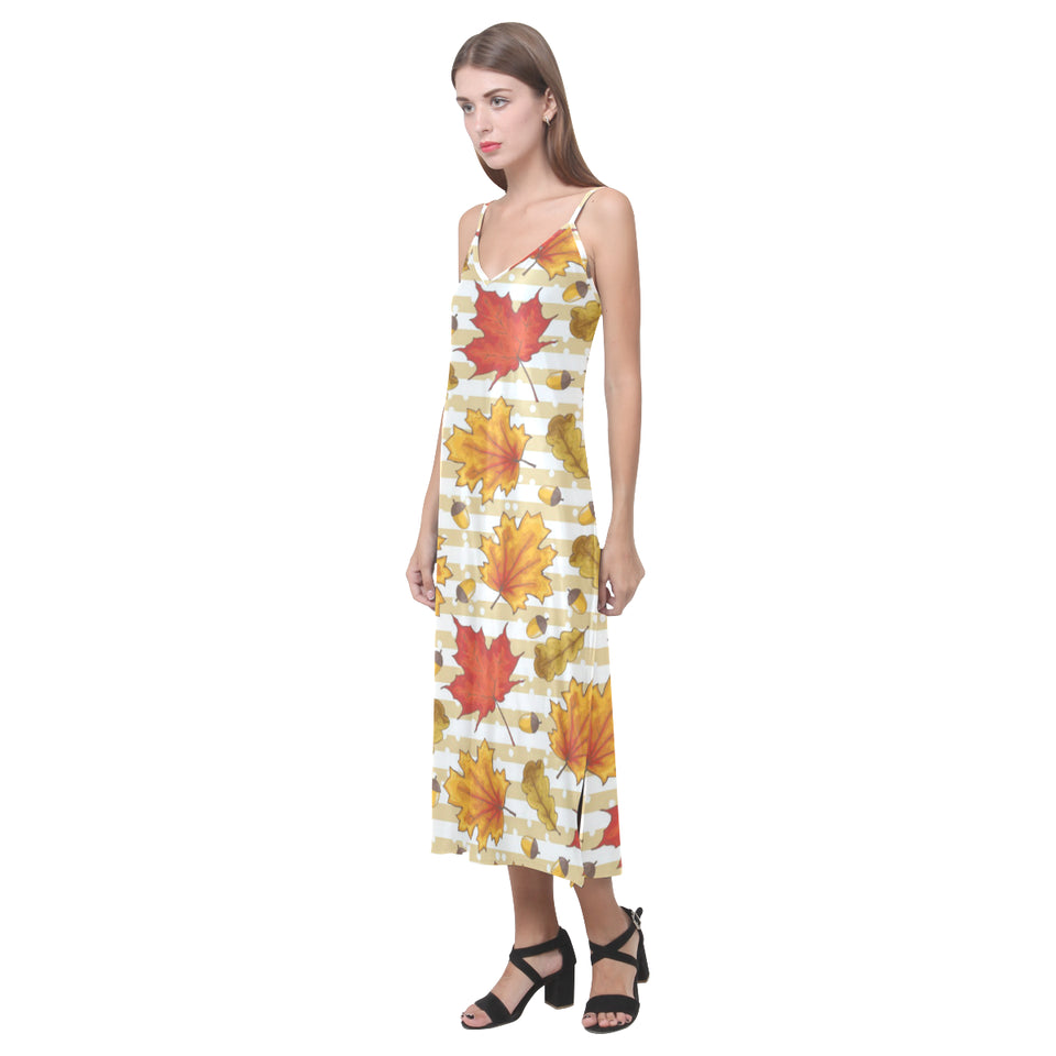 Maple leaf oak leaf acorns beige striped backgroun V-Neck Open Fork Long Dress