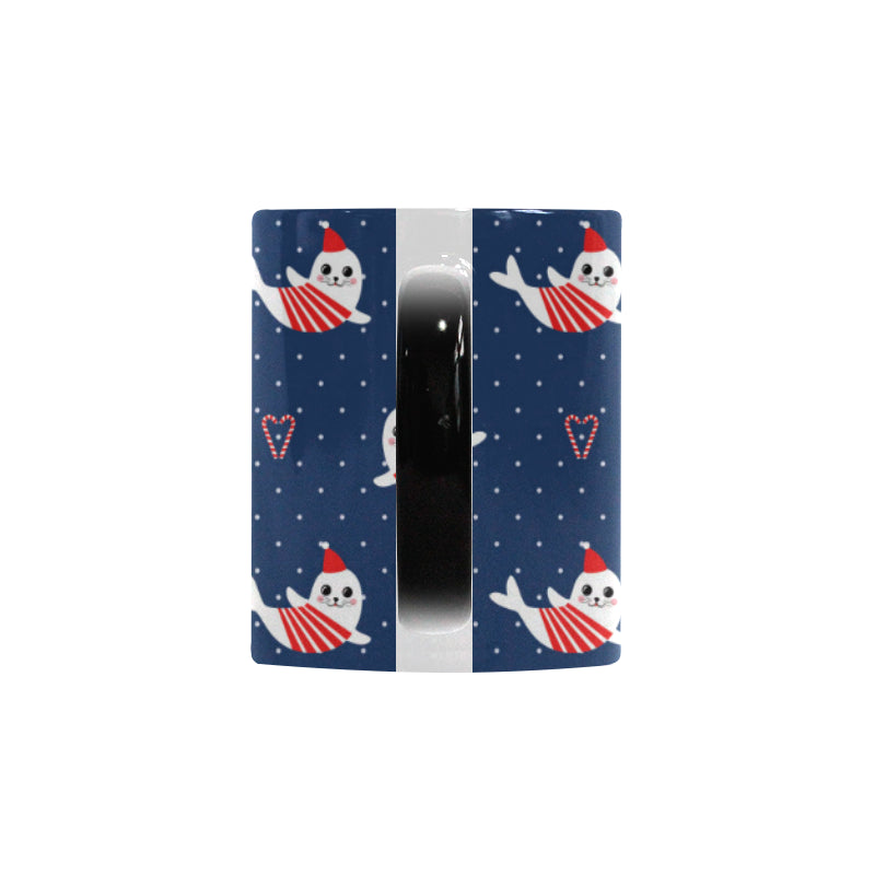 Cute sea lion seal christmas hat candy cane heart Morphing Mug Heat Changing Mug