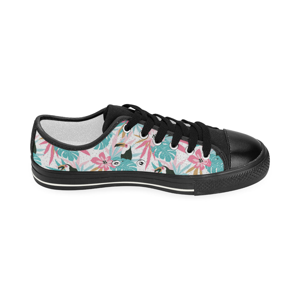 Toucan tropical flower leave pattern Women's Low Top Canvas Shoes Black