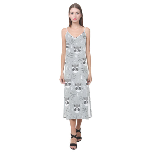 Cute raccoons leaves dot V-Neck Open Fork Long Dress