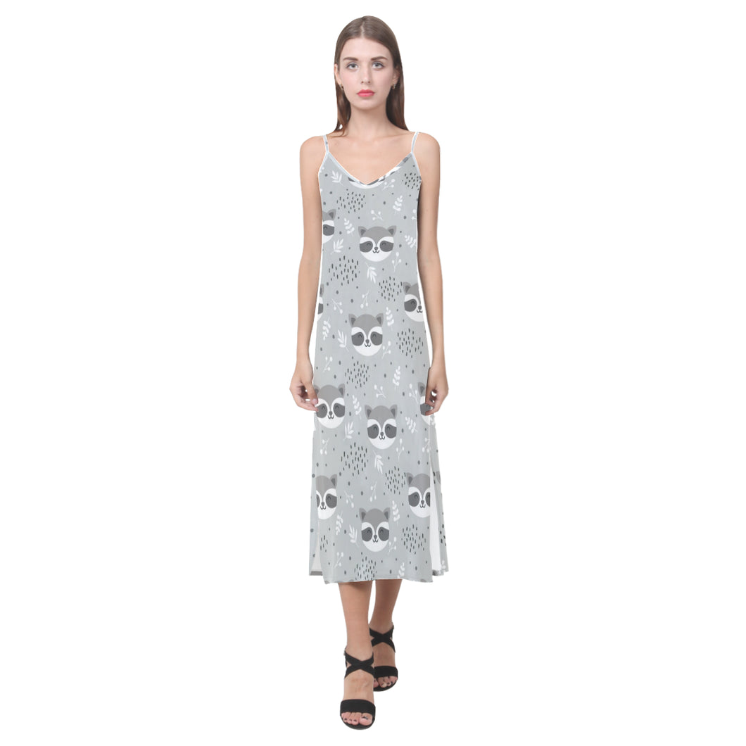 Cute raccoons leaves dot V-Neck Open Fork Long Dress