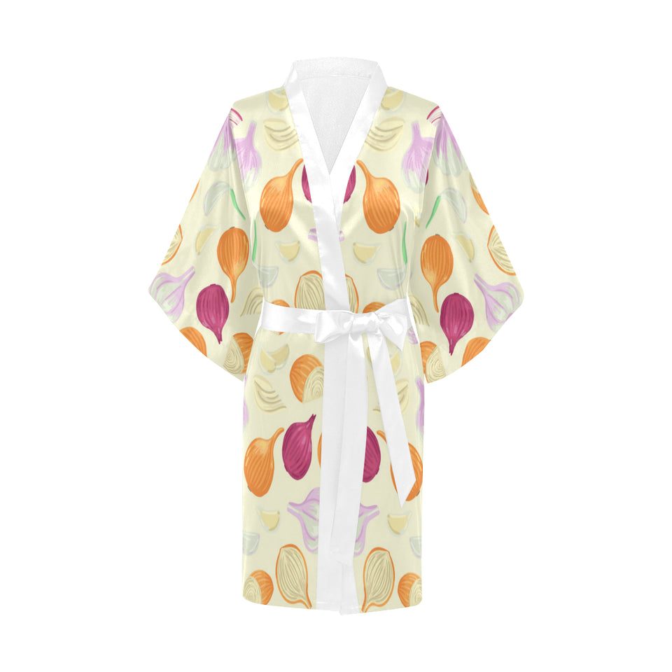 Onion garlic white red pattern Women's Short Kimono Robe