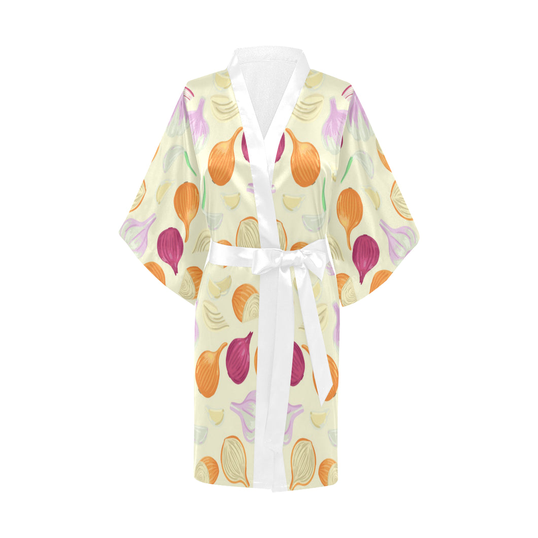 Onion garlic white red pattern Women's Short Kimono Robe