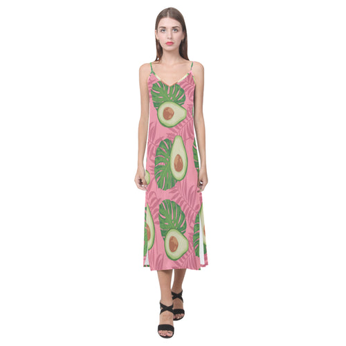 Avocado slices leaves pink back ground V-Neck Open Fork Long Dress