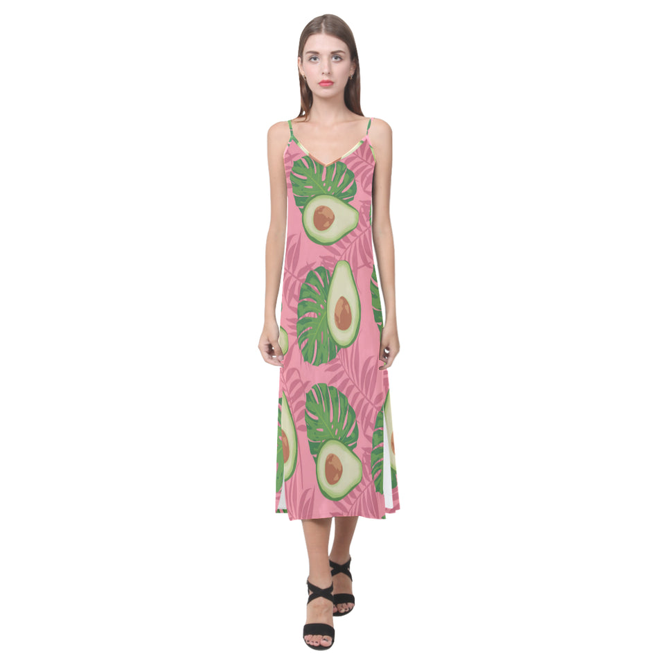 Avocado slices leaves pink back ground V-Neck Open Fork Long Dress