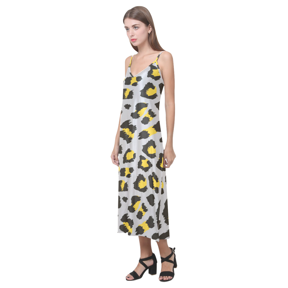 Gray Leopard print pattern V-Neck Open Fork Long Dress