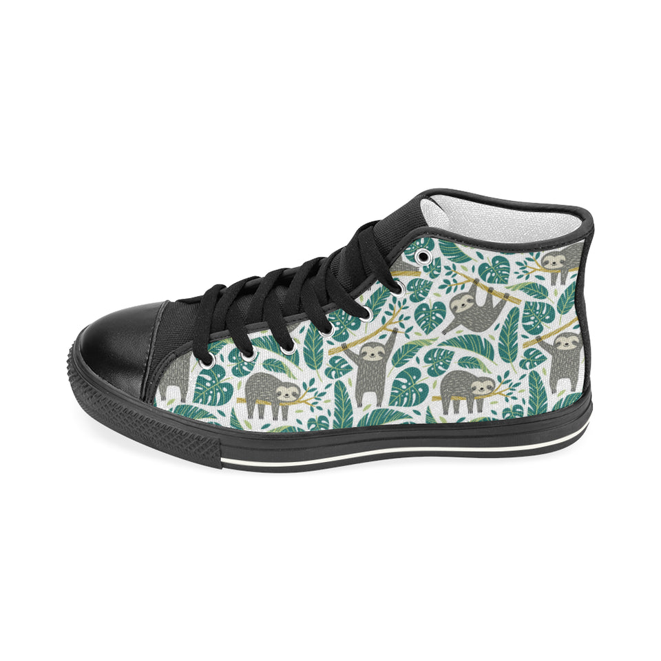Cute sloths tropical palm leaves white background Women's High Top Canvas Shoes Black