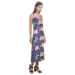 Colorful sea turtle pattern V-Neck Open Fork Long Dress