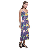 Colorful sea turtle pattern V-Neck Open Fork Long Dress