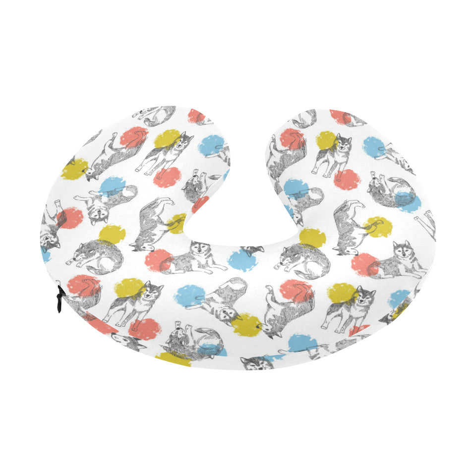 Siberian husky and colorful circle pattern U-Shaped Travel Neck Pillow