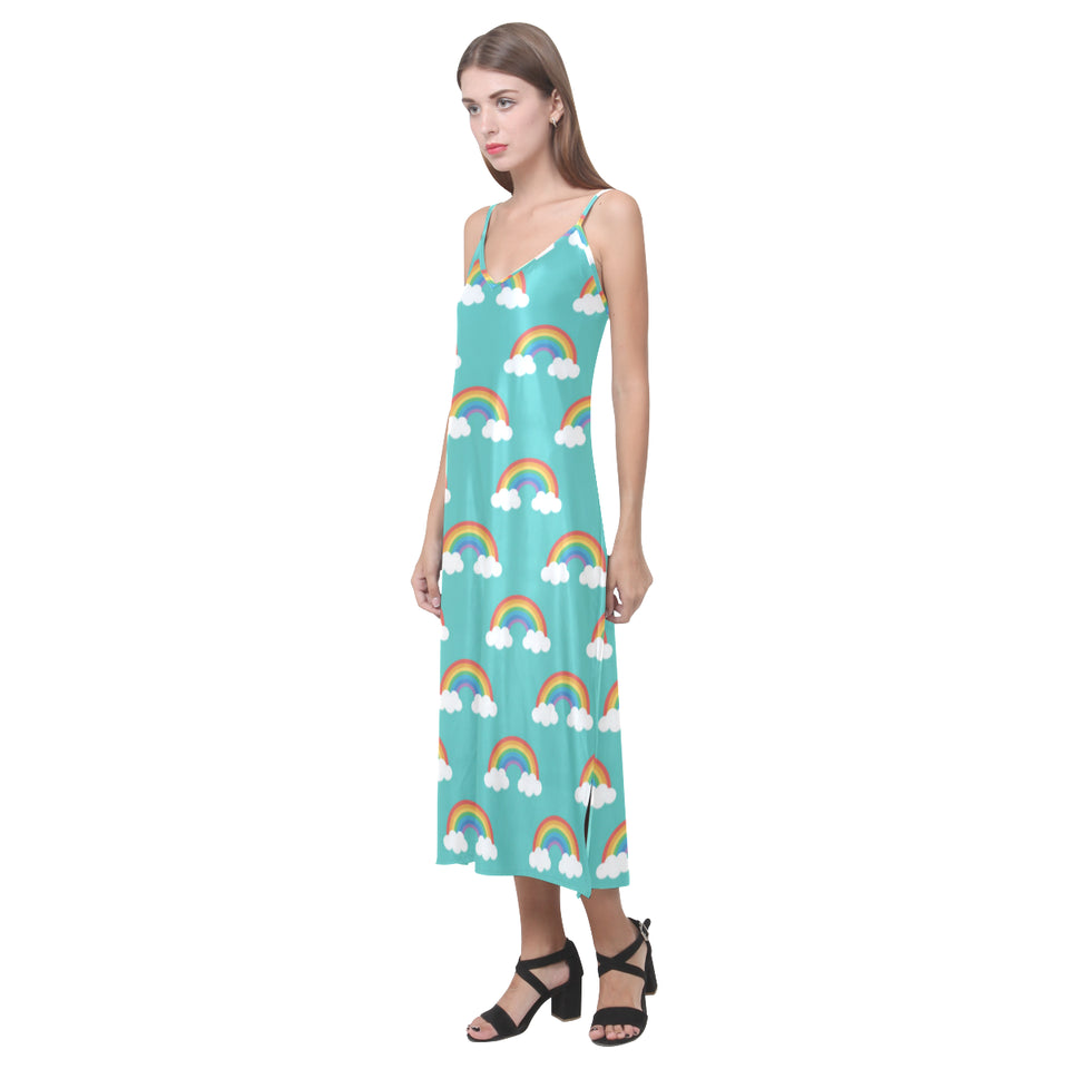 Rainbow pattern green background V-Neck Open Fork Long Dress
