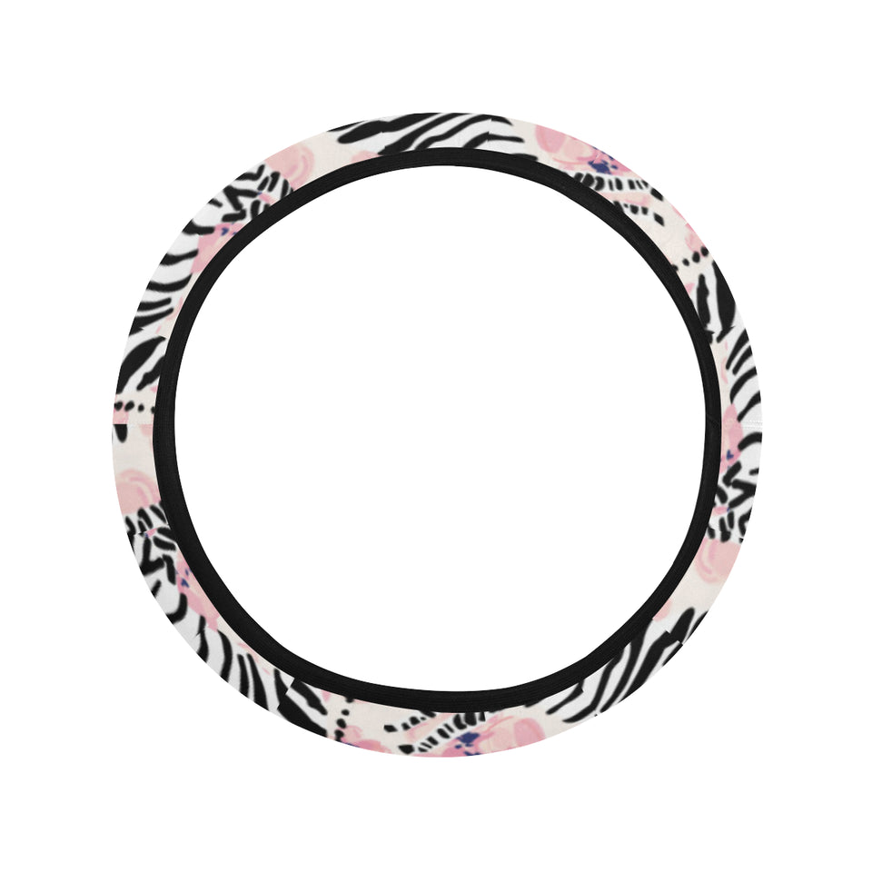 Zebra pink flower background Car Steering Wheel Cover