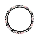 Zebra pink flower background Car Steering Wheel Cover