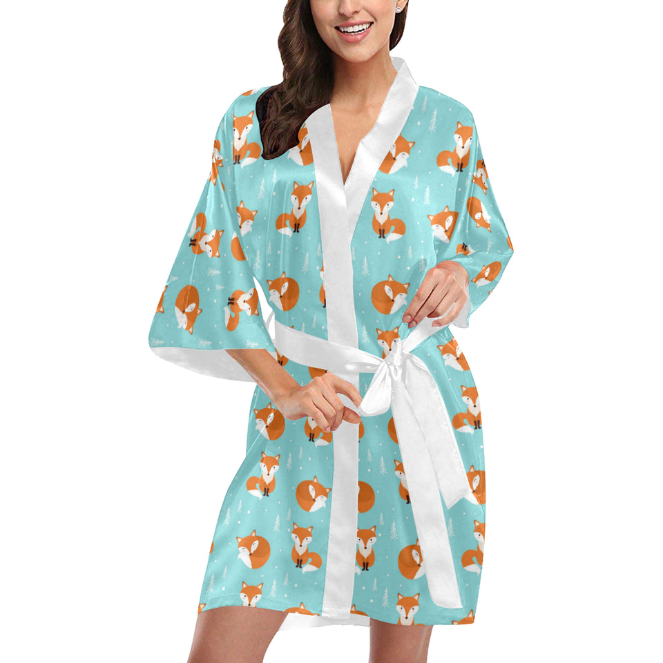 Fox pattern blue b ackground Women's Short Kimono Robe