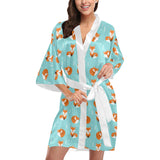 Fox pattern blue b ackground Women's Short Kimono Robe