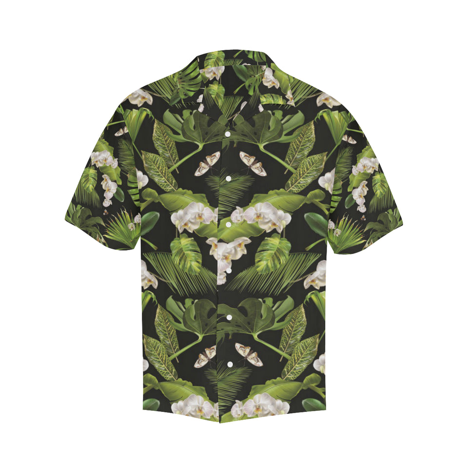 White orchid flower tropical leaves pattern blackg Men's All Over Print Hawaiian Shirt