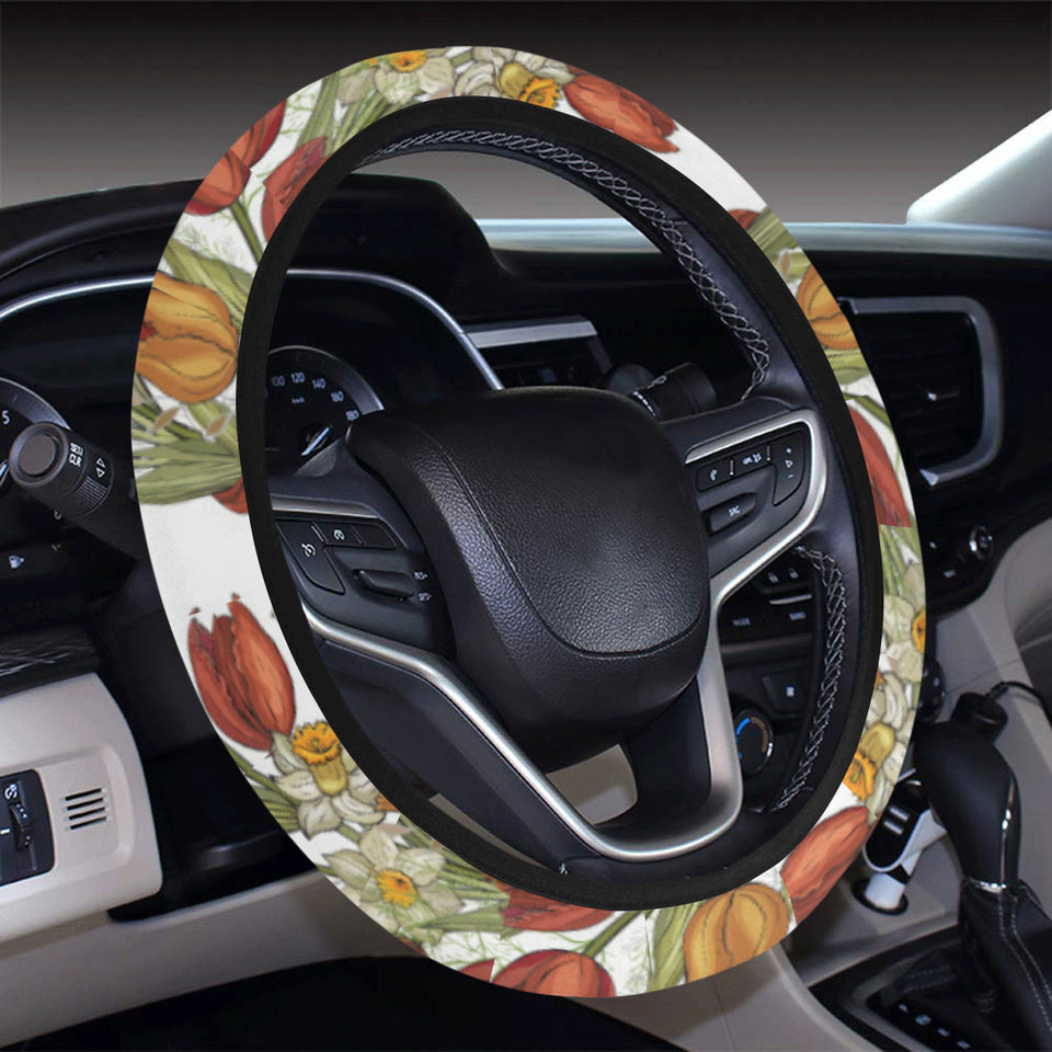 Red tulips and daffodils pattern Car Steering Wheel Cover