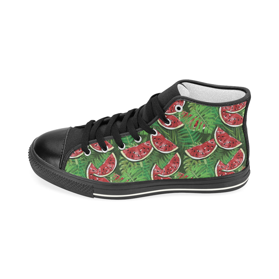 Watermelons tropical palm leaves pattern backgroun Women's High Top Canvas Shoes Black