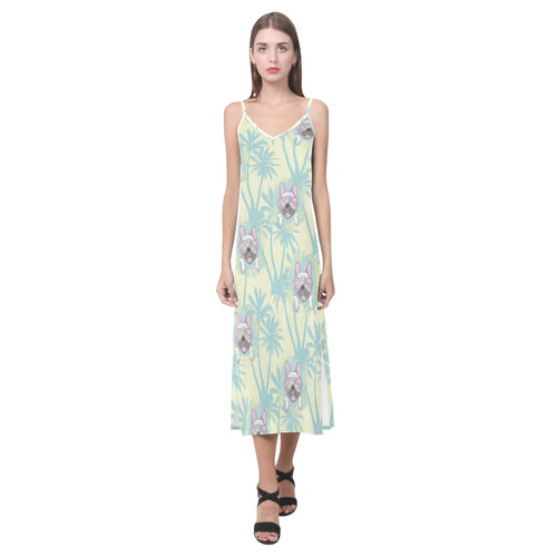 French bulldog hawaii blackground V-Neck Open Fork Long Dress