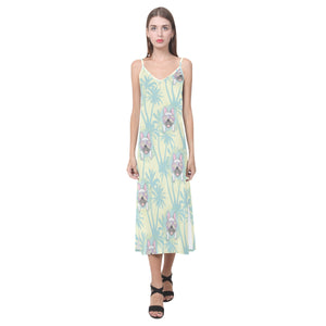 French bulldog hawaii blackground V-Neck Open Fork Long Dress