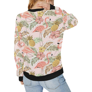 Pink flamingo birds pineapples hibiscus flower pat Women's Crew Neck Sweatshirt