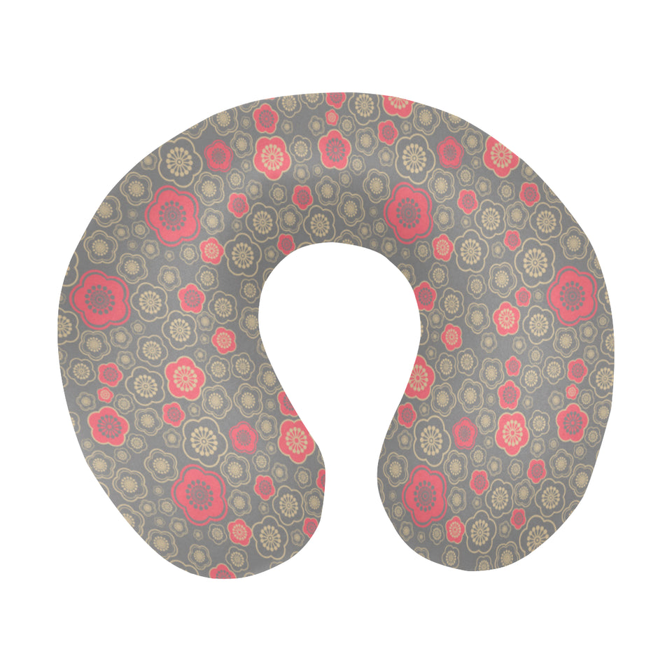 Red gold Sakura cherry blossom gray background U-Shaped Travel Neck Pillow
