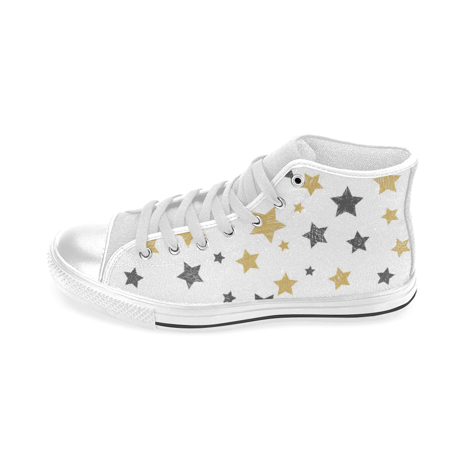 hand drawn gold black star pattern Men's High Top Canvas Shoes White
