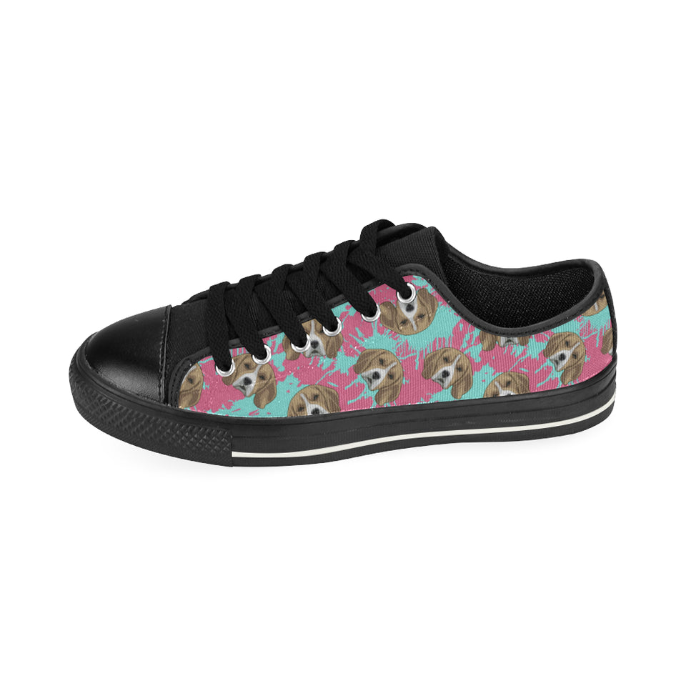 Beagle muzzles turquoise paint splashes pink patte Men's Low Top Canvas Shoes Black