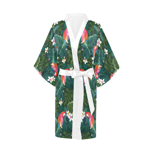 Parrot Palm tree leaves flower hibiscus pattern Women's Short Kimono Robe