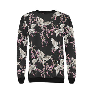 Japanese crane pink sakura pattern Women's Crew Neck Sweatshirt