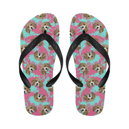 Beagle muzzles turquoise paint splashes pink patte Unisex Flip Flops