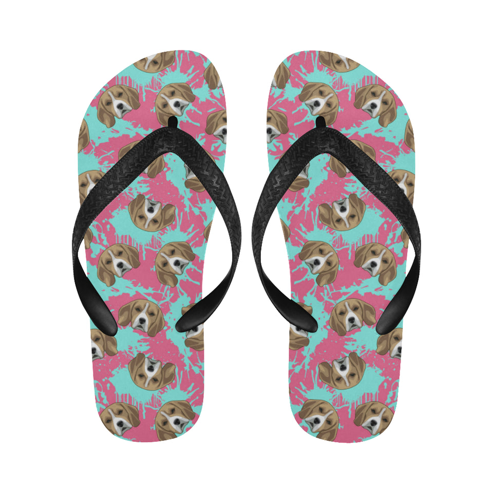 Beagle muzzles turquoise paint splashes pink patte Unisex Flip Flops