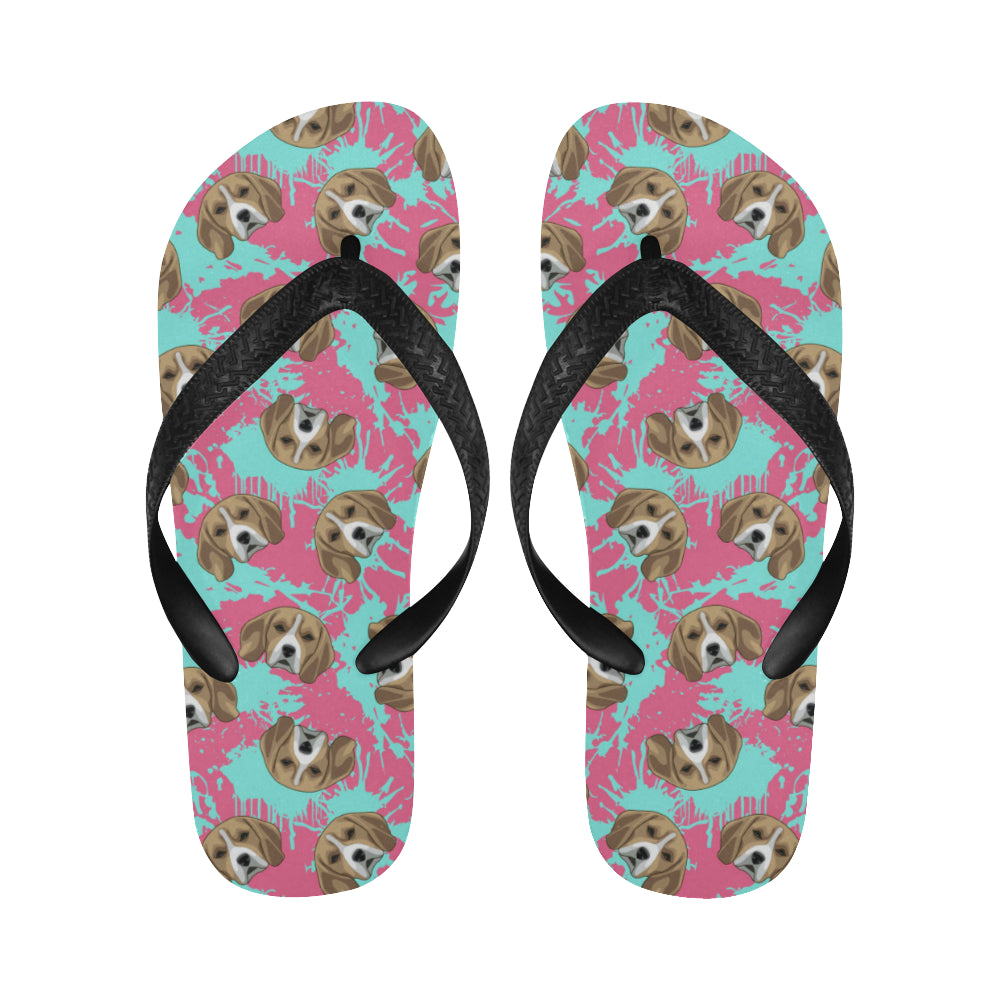 Beagle muzzles turquoise paint splashes pink patte Unisex Flip Flops