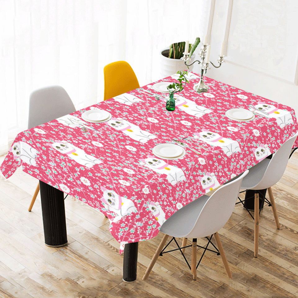 Maneki neko cat sakura pink background Tablecloth