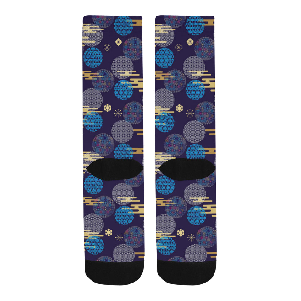 Blue japanese pattern cloud wave flower Crew Socks