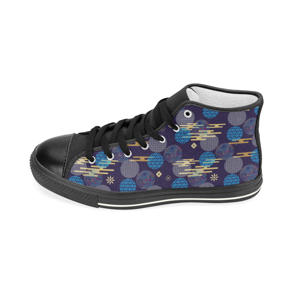Blue japanese pattern cloud wave flower Women's High Top Canvas Shoes Black
