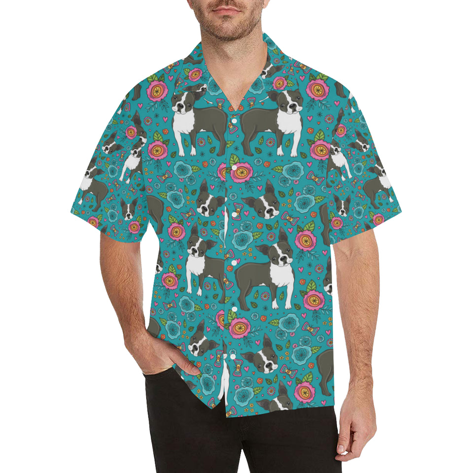 Boston terrier beautiful flower pattern Men's All Over Print Hawaiian Shirt