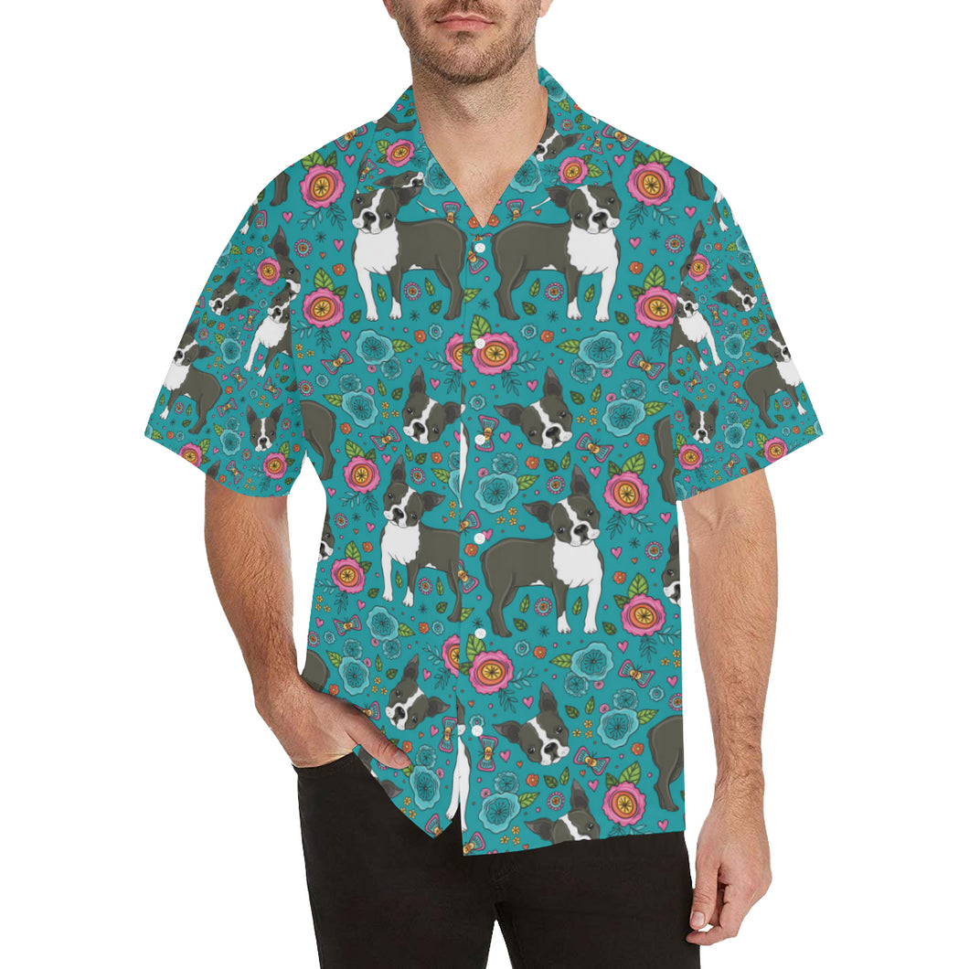 Boston terrier beautiful flower pattern Men's All Over Print Hawaiian Shirt