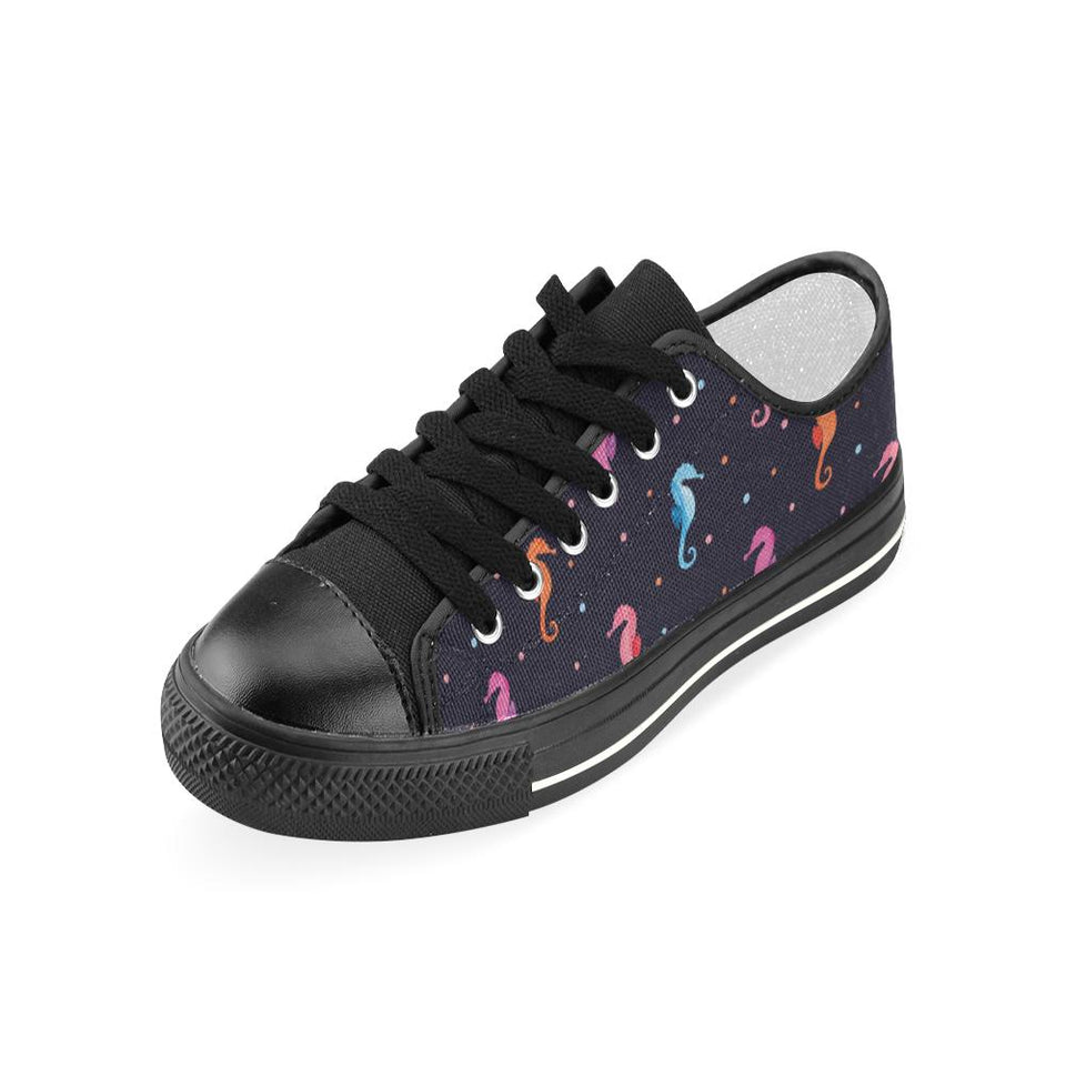 Watercolor colorful seahorse pattern Kids' Boys' Girls' Low Top Canvas Shoes Black