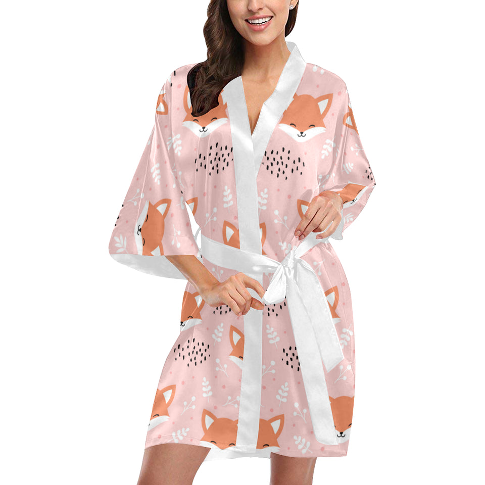 Cute fox pattern pink background Women's Short Kimono Robe