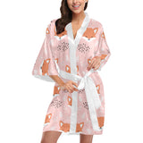 Cute fox pattern pink background Women's Short Kimono Robe