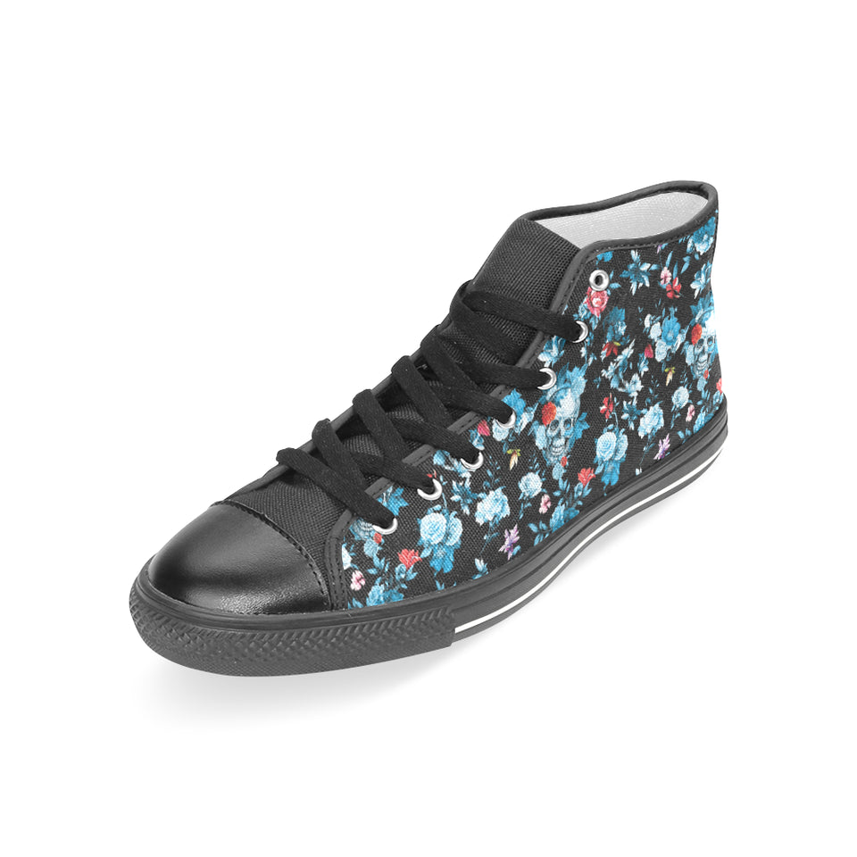 Skull flower roses leave pattern Women's High Top Canvas Shoes Black