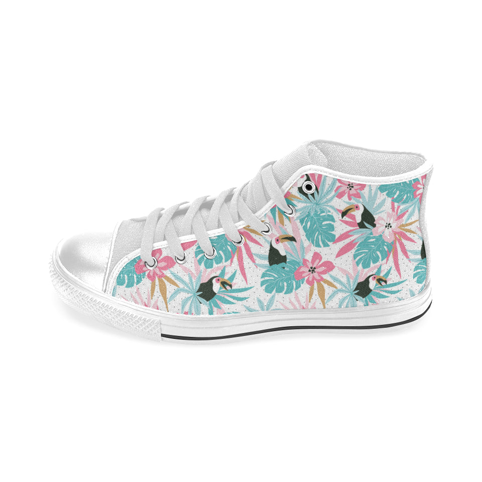 Toucan tropical flower leave pattern Men's High Top Canvas Shoes White