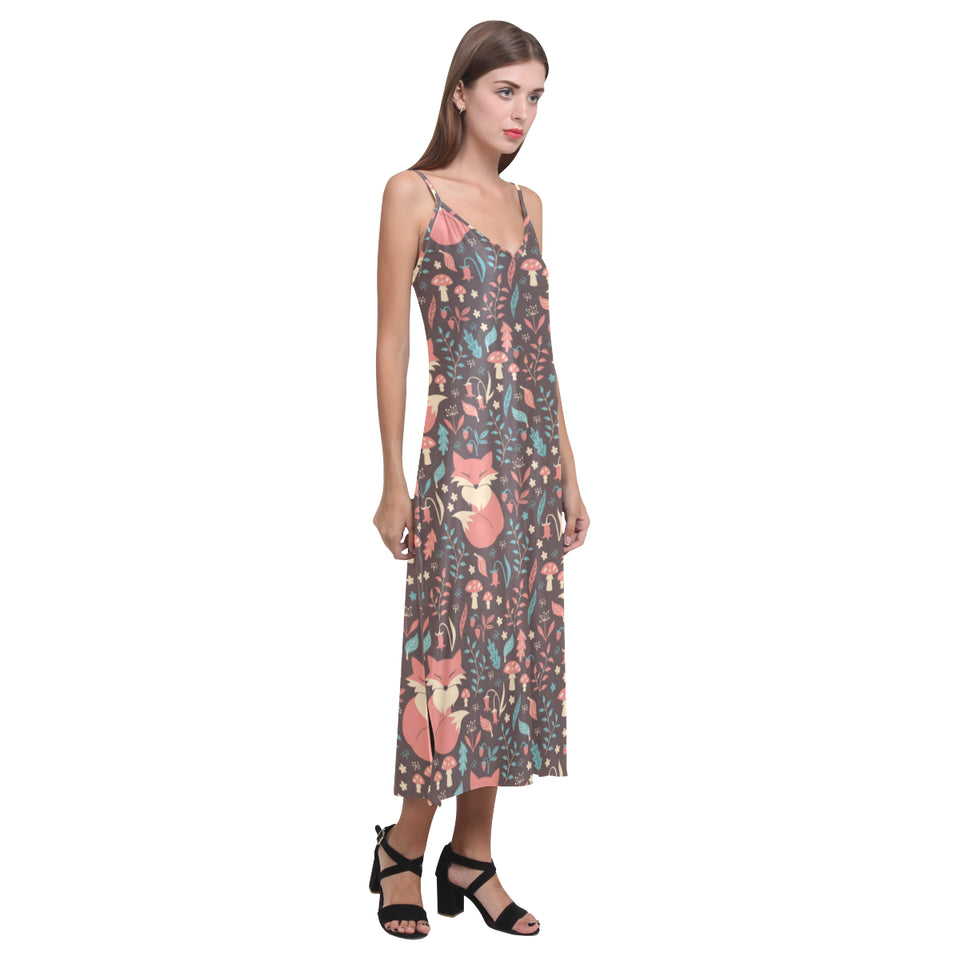 fox leaves mushroom pattern V-Neck Open Fork Long Dress