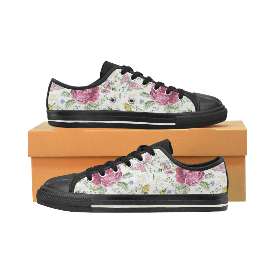 Hand drawn butterfly rose Men's Low Top Canvas Shoes Black