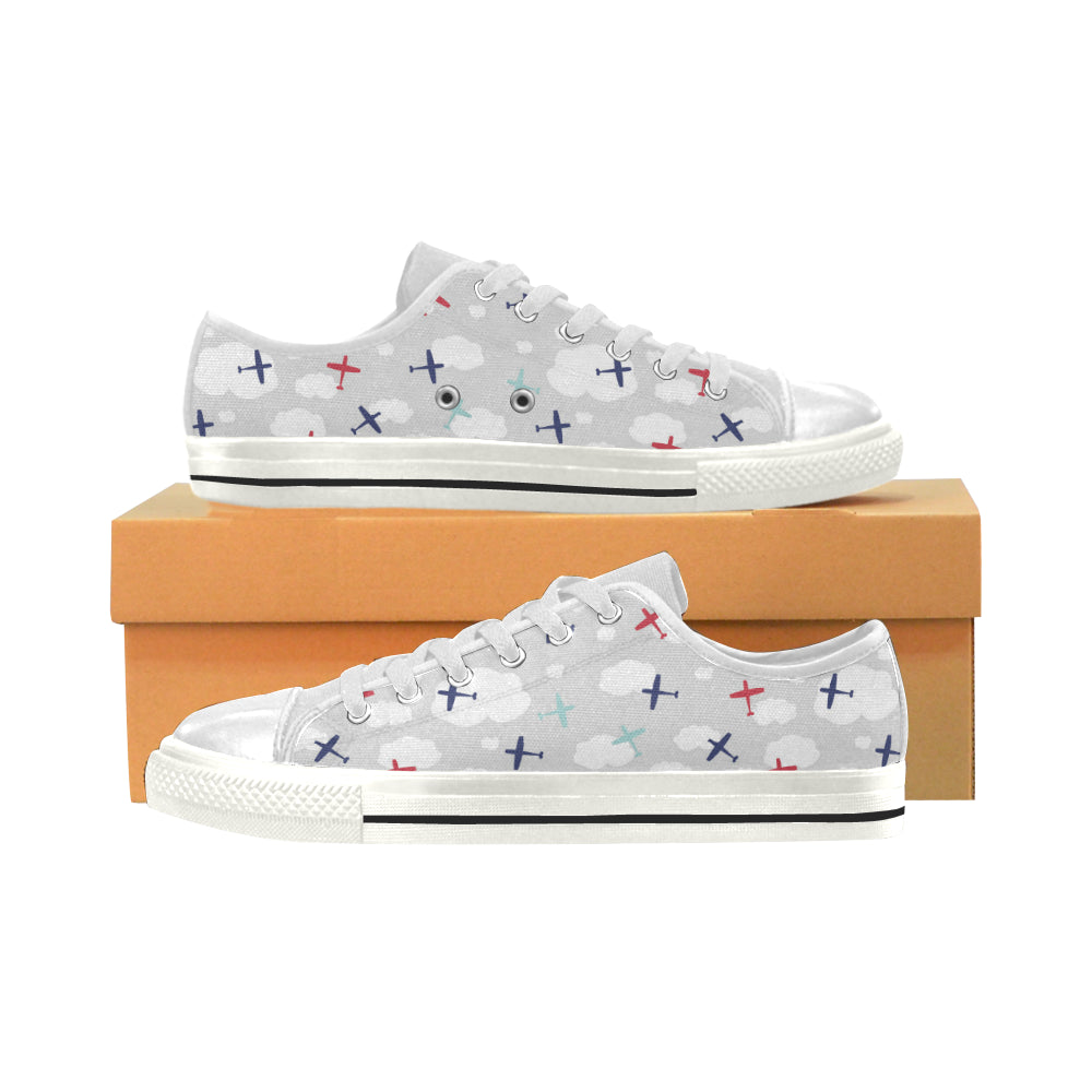 Airplane cloud grey background Women's Low Top Canvas Shoes White