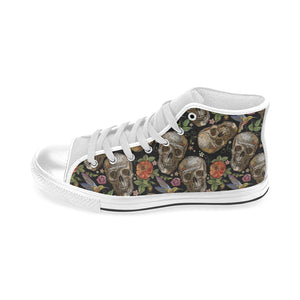 Skull rose humming bird flower pattern Men's High Top Canvas Shoes White