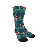 heliconia flowers, palm and monstera leaves on bla Crew Socks