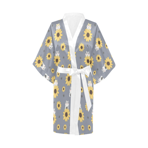 Cute hamster sunflower pattern background Women's Short Kimono Robe